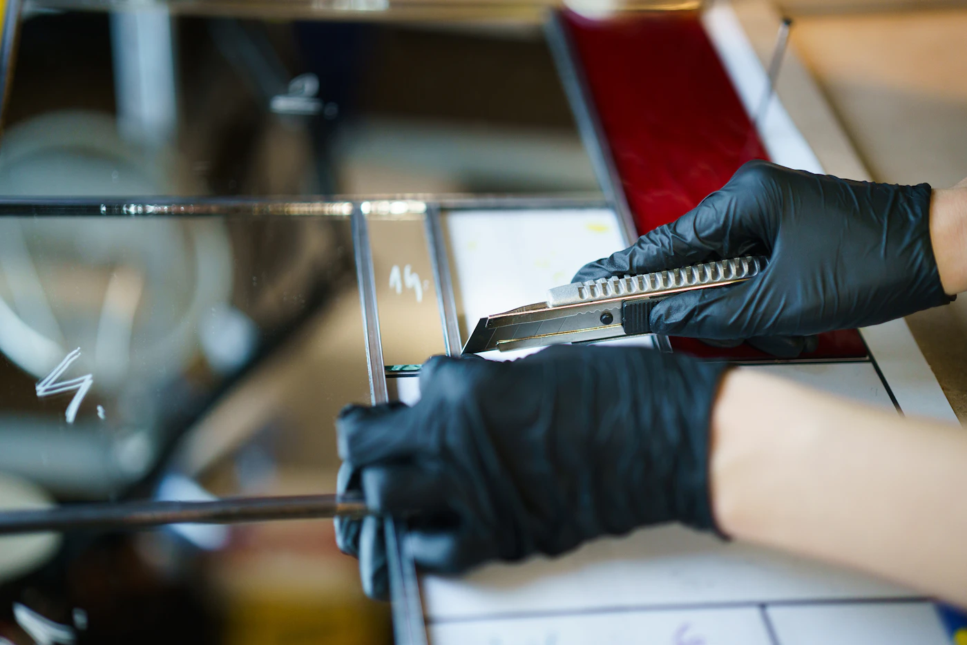 Gloved hands trimming a sheet of film against a straightedge with a utility knife