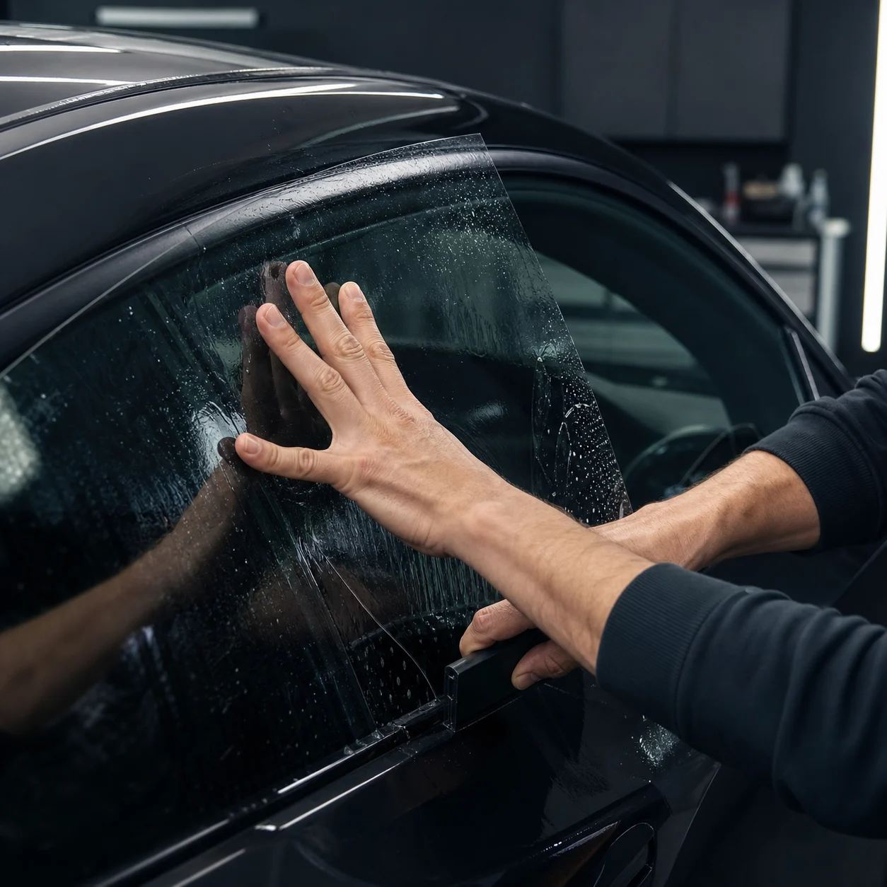 An installer laying a cut sheet of film onto a car window with a squeegee
