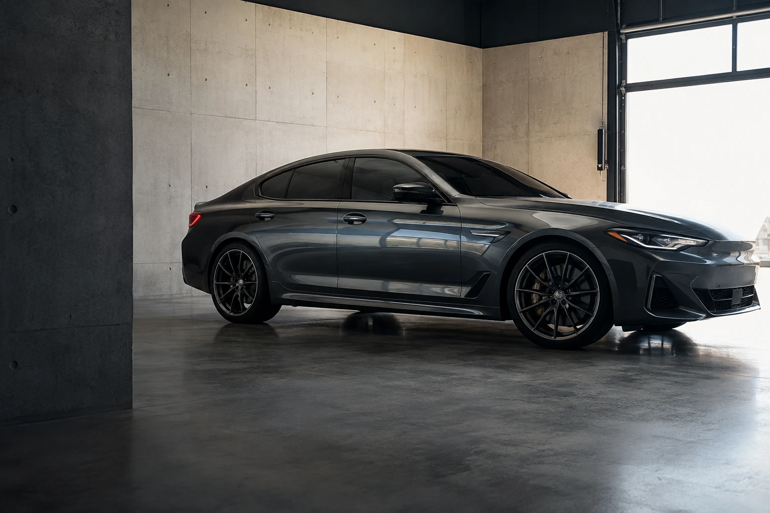 A charcoal sports sedan with smoke-grey tinted side windows in a bright studio
